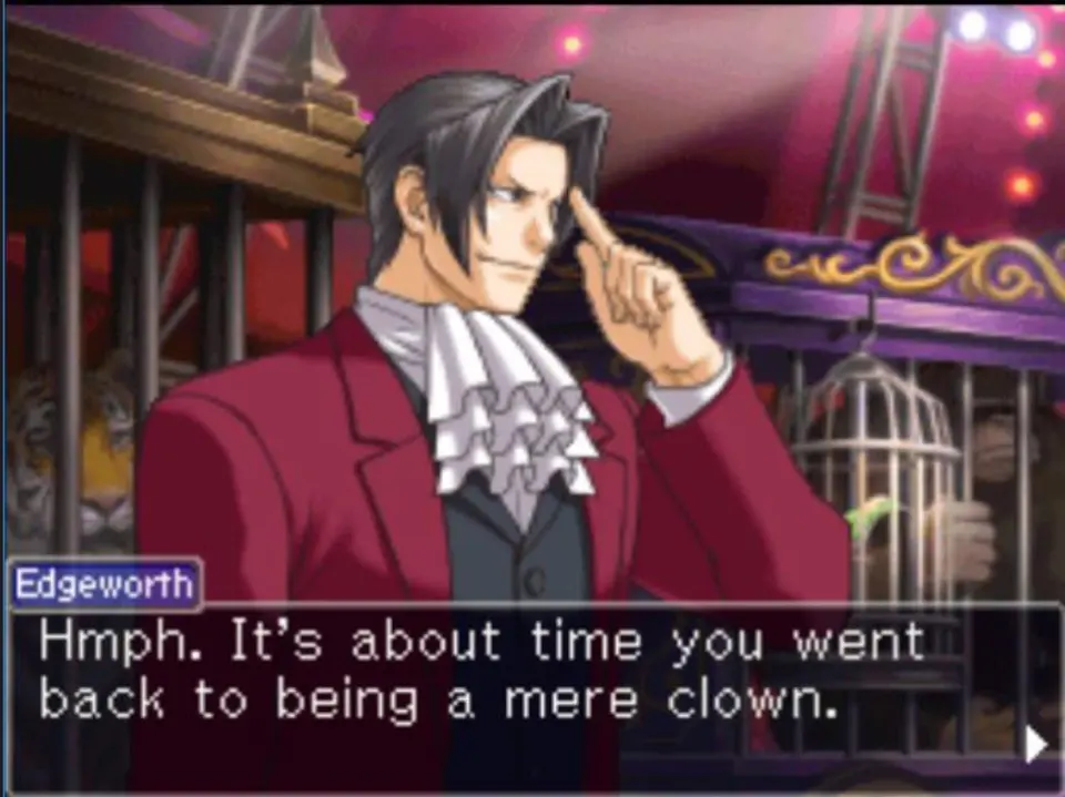 Ace Attorney's Edgeworth in a circus with a caged tiger, mocking someone as the entire circus