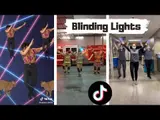 Three-panel thumbnail of people dancing in unison: a man amid neon lasers, firefighters by an engine, and masked hospital staff, titled "Blinding Lights"