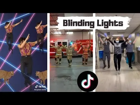 Three-panel thumbnail of people dancing in unison: a man amid neon lasers, firefighters by an engine, and masked hospital staff, titled "Blinding Lights"