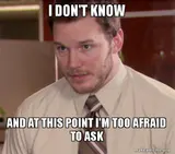 Man in shirt and tie leaning in warily, captioned "I don't know and at this point I'm too afraid to ask"