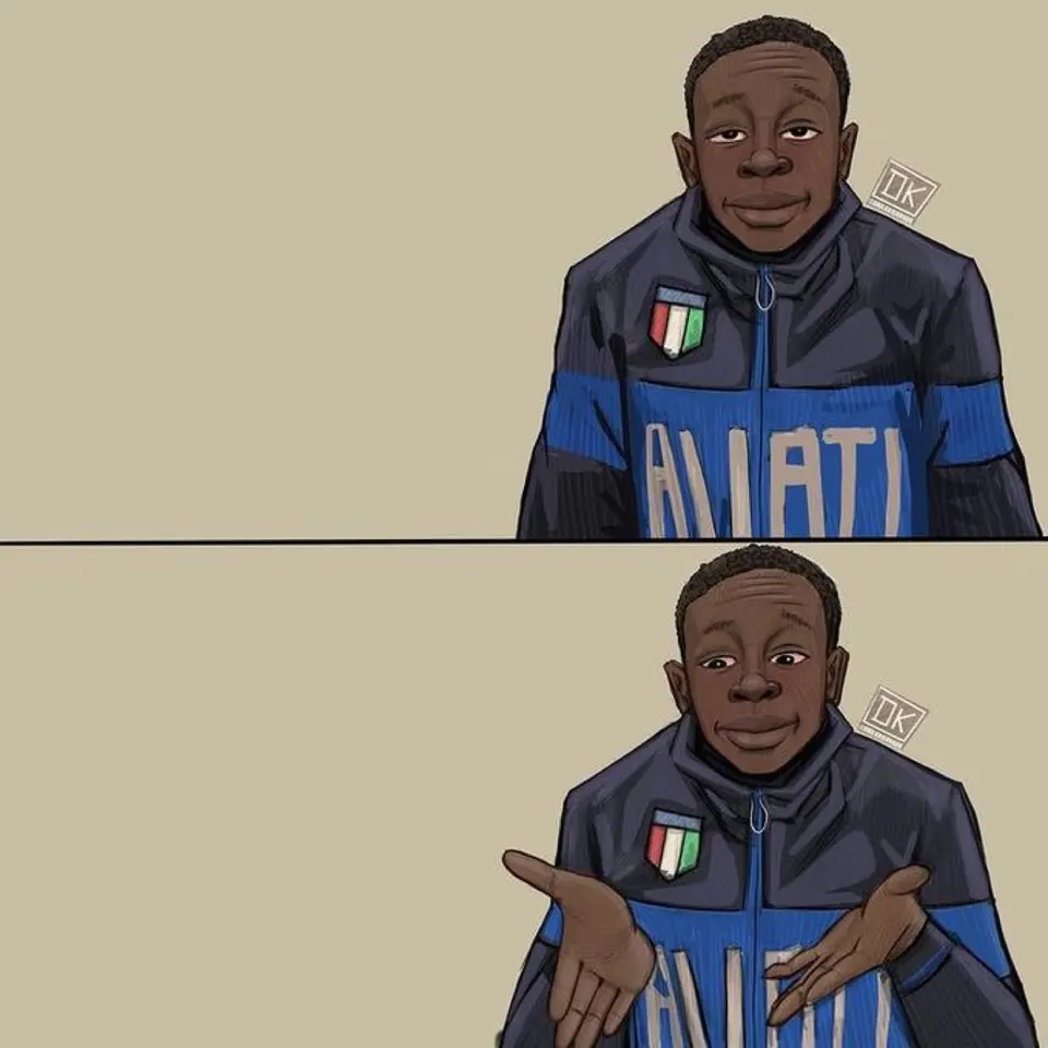 An illustration of Khaby Lame in his Italia tracksuit giving his deadpan palms-up shrug