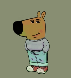 Chill Guy cartoon dog standing with hands in pockets and a relaxed half-smile