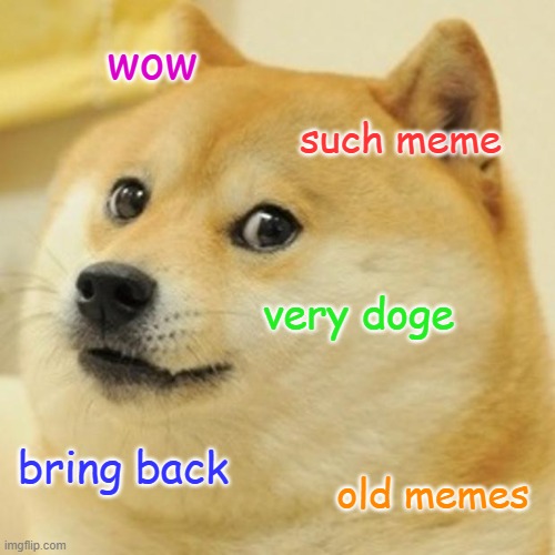 Shiba Inu with multicolored Comic Sans doge captions