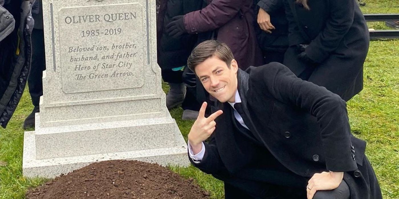 Grant Gustin Next to Oliver Queen's Grave meme