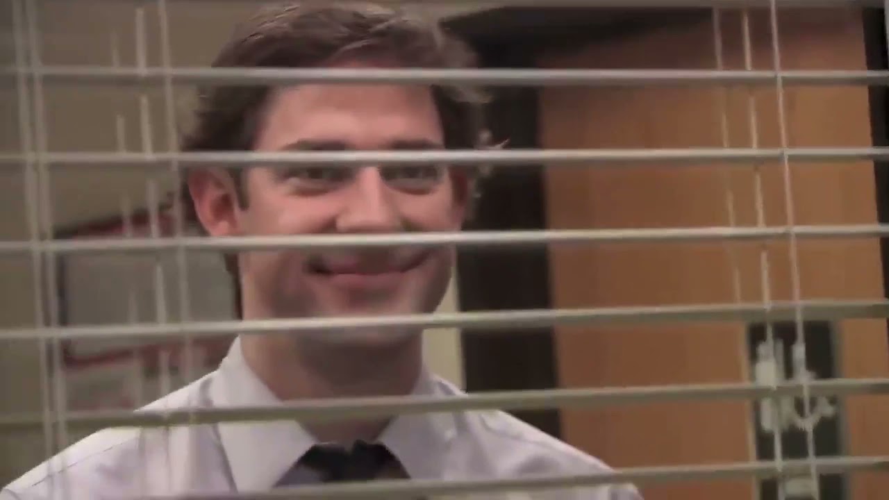 Jim Halpert Smiling Through Blinds meme