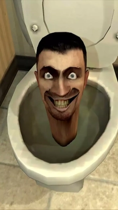 A singing head emerging from a toilet, Skibidi Toilet style