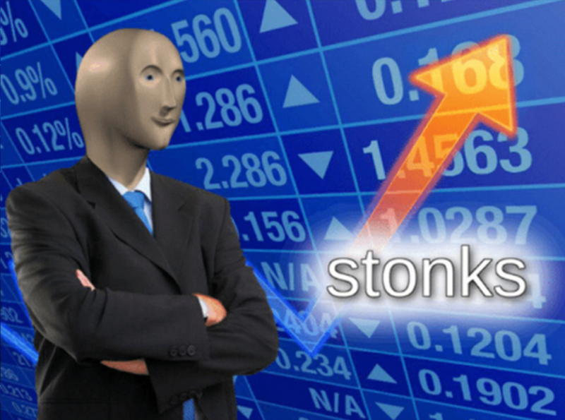 Meme Man in a suit in front of a rising stock chart labeled STONKS