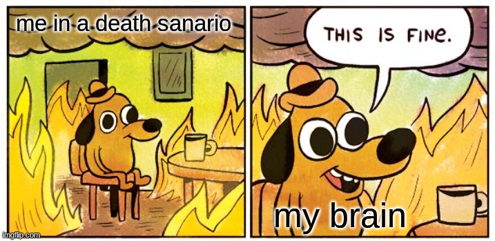 A cartoon dog sipping coffee in a room on fire, saying this is fine